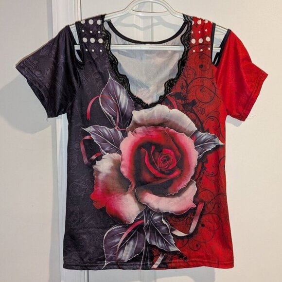 *3 FOR $9* Gothic Rose Floral Print Cold Shoulder Short Sleeve Top Shirt Tee S - Picture 1 of 2